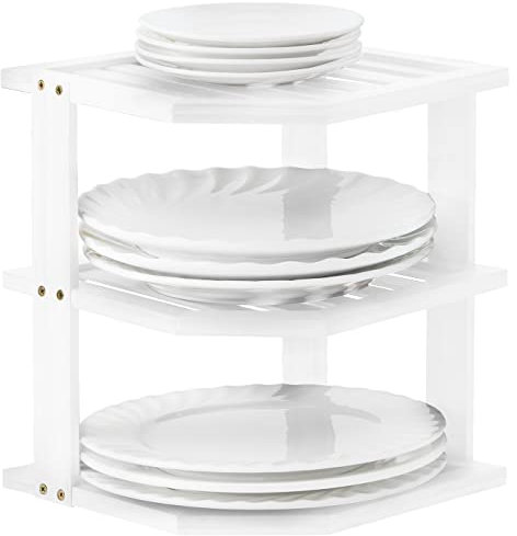 YOUDENOVA Geschirr Organizer Bambus 25x25x25, Eck-Schrankeinsatz 3-Etagen für Küchenregal, Abtropfgestell Geschirrabtropfgestell, Tellerständer,Weiß