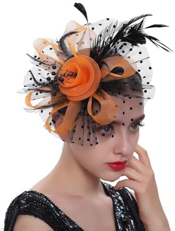 Bniksok Cappello fascinator per Halloween, da donna, per tea party, fascia con piume, cappello da cocktail per martedì grasso, matrimoni, A-nero arancione, 1-2