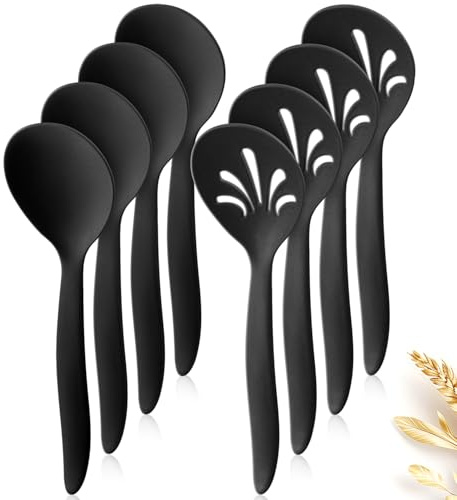 Raypard 8 Pack 10 Large Reusable Plastic Wheat Straw Serving Spoon Set, 4 Serving Spoons & 4 Slotted Spoons, Kitchen Mixing Serving Spoon for Buffet Chafing Dish Catering (Black, Not for Cooking)
