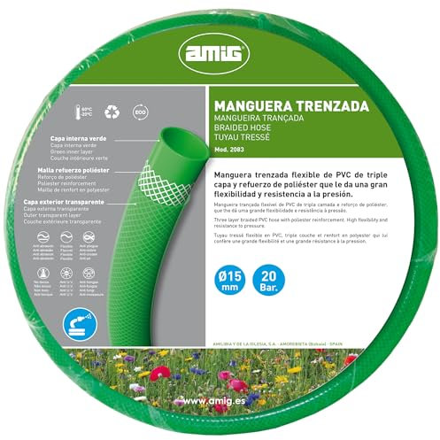 Amig - Manguera de Jardín - PVC Trenzada Triple Capa - Resistente y Flexible - Ø19mm - Uso Exterior -20ºC a 60ºC, Verde, 25m, Cloruro de Polivinilo (PVC)