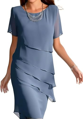 LLECDASEUI Vestido De Gasa De Las Mujeres Tiered Fit Flare Modesto Prom Midi Rodilla Longitud Del Vestido Verano Sexy Elegante Fiesta De Cóctel Vestido De Invitada De Boda (M,Azul 1)