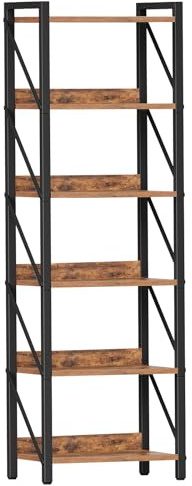 HOOBRO Scaffale a 6 Ripiani in Stile Industriale, Libreria Angolare, Scaffale a Scala, con Struttura in Metallo, per Soggiorno, Camera, Ufficio, Cucina o Ingresso, Marrone Vintage e Nero EBF72SJ01