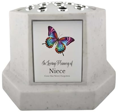 In Loving Memory Of Memorial Octagon Rose Bowl Grave Marker Flower Pot Vase With Butterfly Design Mum & Lots More White/Silver (UV PRINTED) (Niece)