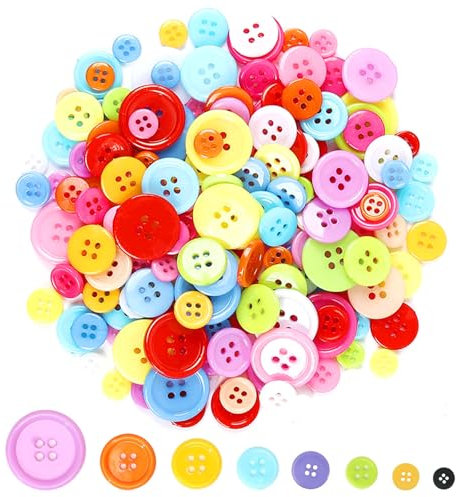 Canollo 100 Stück Bunte Knöpfe, Kinder Harz Bastelknöpfe, Rund Bunte Knöpfe Verschiedene Größen und Farbe, 4 Löcher Knöpfe zum Basteln für DIY Basteln Nähen, Kleidungsdekoration und Kinderbasteln