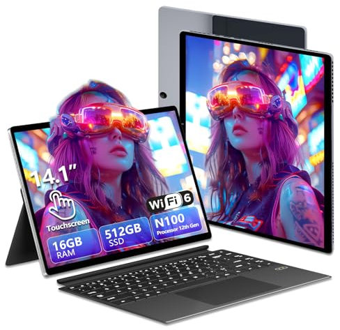 PC Portatile Touchscreen 2-in-1, Notebook 16GB RAM + 512GB SSD, Alder Lake N100 CPU, 14,1 Pollici FHD 1200P, WiFi 6+BT 5.2/Type-C/Micro HDMI, Tastiera Retroilluminata, Tablet Portatile Staccabile