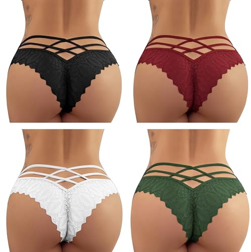 FULLJOYLOVE Femmes Culottes Satin Cheeky Strings Dentelle Culottes Dos Évider sous-Vêtements Grande Taille Bikini Slips S-XL