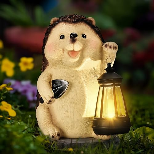 GIGALUMI Ornements de jardin hérisson d'extérieur avec lanterne solaire, cadeaux uniques pour maman, pour femmes, cadeau d'anniversaire pour maman grand-mère, décorations de statue de jardin étanches