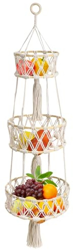 3 Tier Hanging Fruit Basket, Cotton Woven Boho Wall Hanging Basket, Hanging Fruit Basket for Kitchen Bedroom Living Room, Decorative Bohemia Decor Hanging Plant Holder
