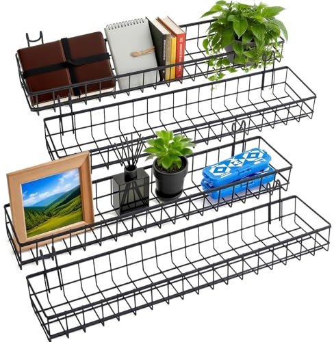 YorHele 4 Pcs Metal Grid Wall Baskets with Hooks, Hanging Wire Basket Wall Mount Storage Organize for Kitchen, Bathroom, Office (Black)