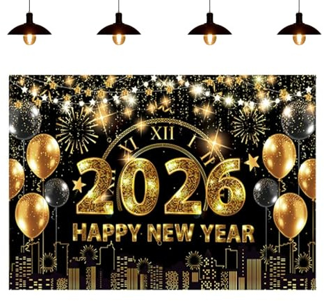 Happy New Year 2026 Banner, Extra Large Happy NewYear Banner with String Decorations Black Gold Clock Fireworks Theme Backdrop for New Years Eve Christmas Party Decorations(71x43 Inch)