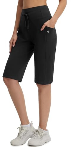Baleaf - Pantaloncini da donna in cotone, per yoga, lunghezza al ginocchio, con tasche, a vita alta, elasticizzati, morbidi, casual, estivi, Nero , S