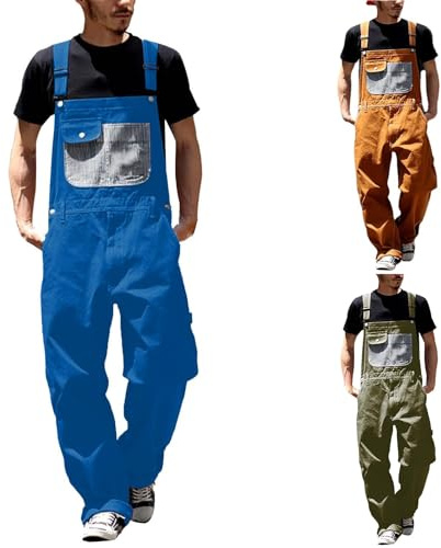 Salopette casual da uomo, tuta da uomo a gamba corta alla moda vestibilità ampia cinghie regolabili tuta con tasche bavaglini da lavoro durevoli salopette eleganti versatili abiti quotidiani casual