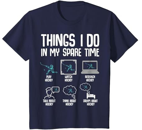 Hockey Things I Do in My Spare Time Ice Hockey Kids Boys T-Shirt, Youth, Navy Blue, Large
