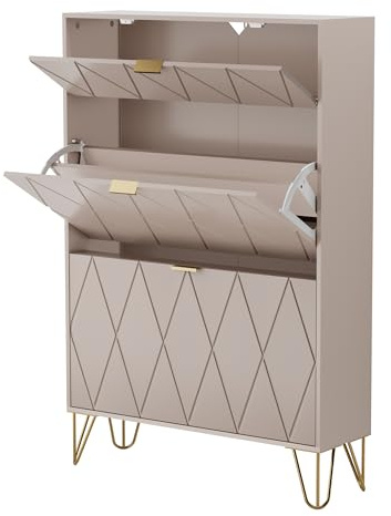 UEV Armario Zapatero para Ahorrar Espacio de Madera de Ingeniería, Zapatero Entrada Recibidor con 3 Puertas Plegables, Mueble para 16 Pares, 80 x 24 x 120 cm, Beige Moca