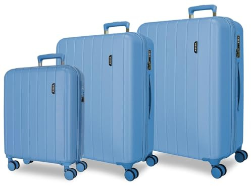 Movom Wood Juego de Maletas Denim 53x78x31 cm Rígida ABS Cierre TSA Integrado 217L 11,4kg 4 Ruedas Dobles Extensible Equipaje de Mano