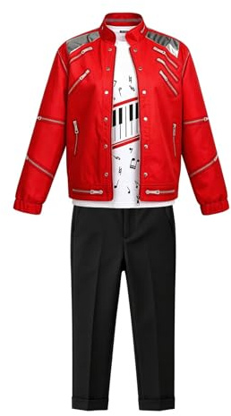 Boys Retro Red Jacket Set with 3D Graphic T-Shirt and Black Trousers | 3-Piece Retro Printed Set Red Jacket White T-shirt and Black Trousers for Kids