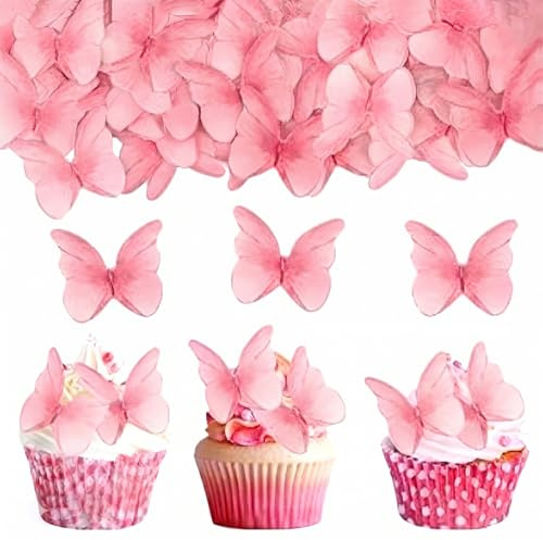 YIPFEN Confezione da 48 Farfalle Commestibili per Decorazioni Torte, Topper Cupcake, Decorazioni per Compleanni, Matrimoni, Feste a Tema per Ragazze (Rosa)