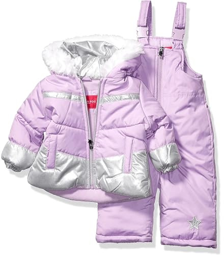London Fog Girls' Two-Piece Winter Snowsuit Skibib and Fleece Lined Puffer Jacket, Violet Silver Foil, 6X
