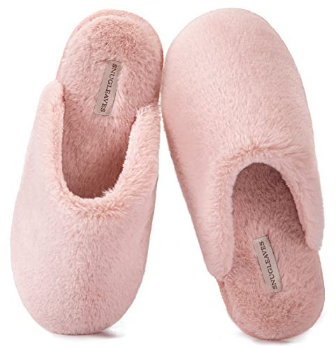 Snug Leaves Women's Fluffy Memory Foam Slip On Slippers with Cozy Faux Fur Lined House Shoes for Ladies Pink, 5-6 UK