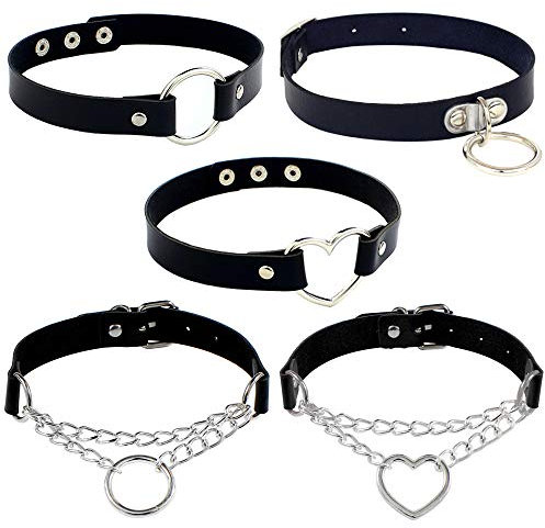 Huture 5 Stück PU Leder Halskette Damen Halskette Set Punk Rock Choker Herz Leder Kragen Kropfband Kette Spike Leder Kragen Einstellbar Halsband Schwarz Choker Gotik Collar Halsreifen für Frauen