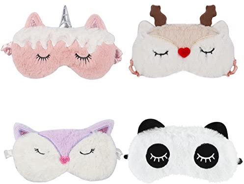 4 Schlafmaske Kinder, 3D Augenmaske Kinder Schlafmaske Weich Plüsch, Atmungsaktiv Schlafbrillen für Kinder Mädchen Frauen Erwachsene