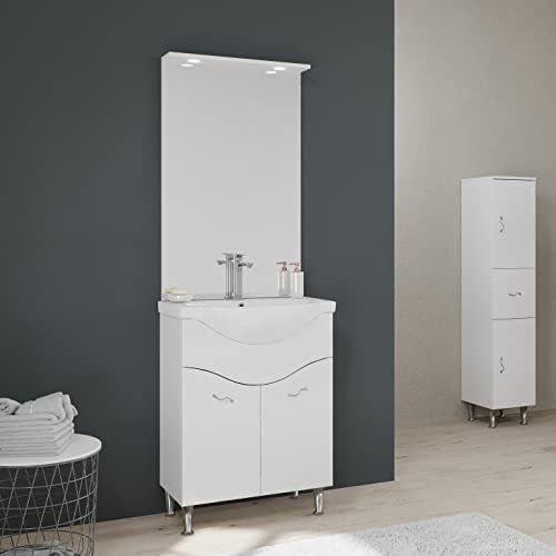Kiamami Valentina - Mobile bagno a terra 65cm 2 ante, specchio con led bianco lucido | Easy
