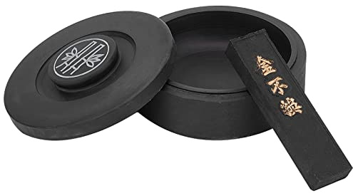 PH PandaHall Chinese Calligraphy Inkstone, Taditional Ink Stones Rectangle Ink Stick with Round Cover Natural Stone Wavy Storage Inks for Chinese Calligraphy Sumi Painting Practice Chinese New Year