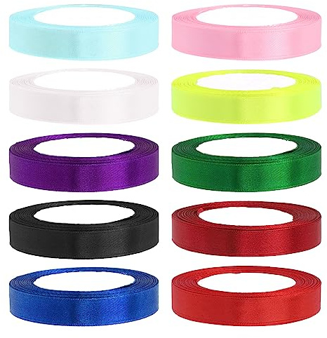 Swpeet 10 Rolls 10 Colors 3/5 x 25 Yards Single Faced Polyester Ribbon Fabric Satin Ribbon Assortment Kit, Gift Wrap Ribbons for Gift Wrapping, Crafts, Party Decoration - Total Length 250 Yards