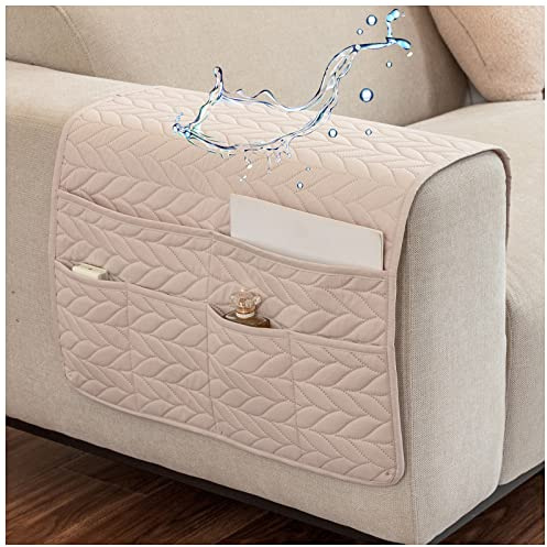 AWAV Organizador de Reposabrazos para Sofá, Bolsillo Bandeja para Silla, Soporte de Bolsa de Almacenamiento de Tela para teléfonos, Almohadillas, Libros, revistas, Control Remoto de TV (Beige)