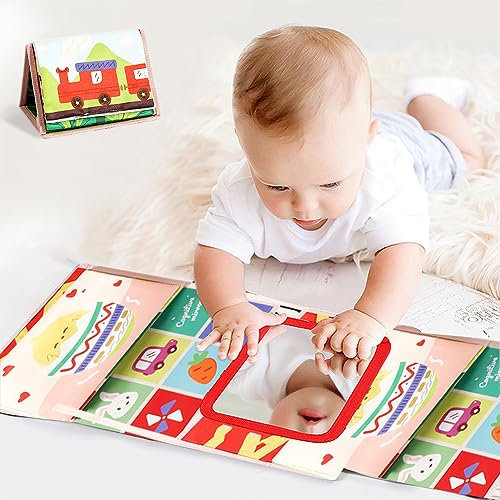 TK99SW Baby Spielzeug 0-12 Monate, Bauchlage Mit Faltbarem Spiegel und Knisterbuch, Visuelle Auditive Taktile Stimulation, Geschenke für Jungen Mädchen