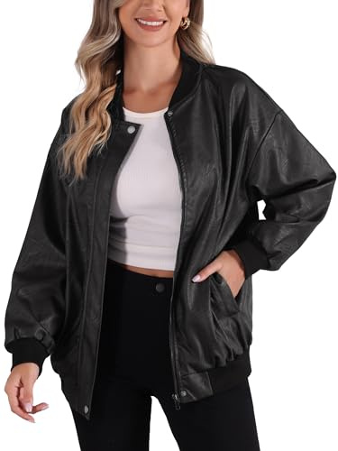 Allegra K dam konstläderjacka ståkrage dragkedja överdimensionerad Moto bomberjackor kappa, svart, XL