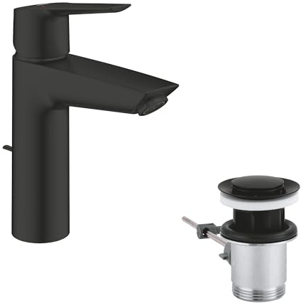 GROHE start, tvättställskran, vattenbesparande (kran för badrummet, badrumskran med dragstänger, 19 cm hög, med 3-i-1 verktyg, enkel installation vid handfatet), svart, 234552432
