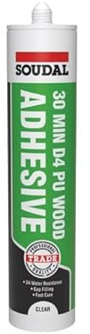 Soudal 30 Minute D4 PU Wood Adhesive Silicone Sealant Glue Gel Trade Fast Curing Clear 290ml Cartridge Bonding Water Resistance Gap Filling Polyurethane PU High Strength, Solvent Free