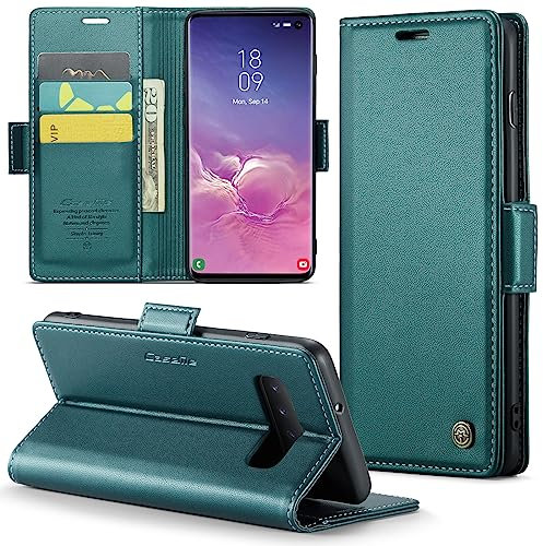 Rerzoiro Case for Samsung Galaxy S10 Wallet Case, RFID Blocking PU Leather Flip Folio Cover Card Holder Kickstand Shockproof Phone Case Compatible with Samsung Galaxy S10, Blue Green