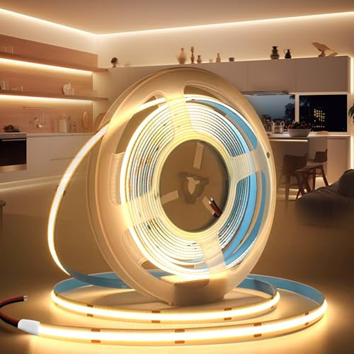 BRIMETI LED Streifen 12V 5M LED Strip COB Selbstklebend Warmweiss 3000K 8mm Breite 320LEDs/M, Flexibel IP20 Licht Band Leiste DIY, für TV, Beleuchtung Schlafzimmer (ohne Netzteil)