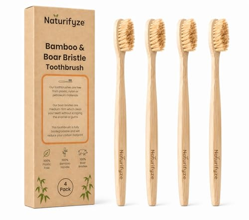Naturifyze Boar Bristle & Bamboo Toothbrush (4 Pack) - Authentic Boar Bristles - Biodegradable - Plastic Free - Bamboo & Boar Bristle