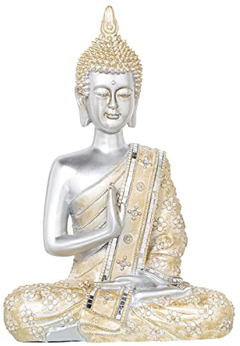 FIGURA RESINA BUDA PLATEADO TÚNICA DORADA 27X15X41CM