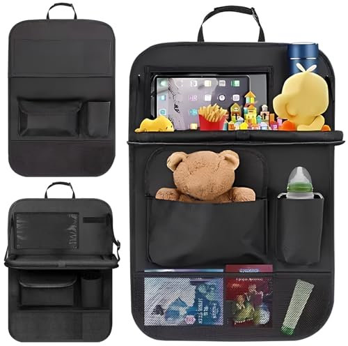 LONENESSL Car Seat Organiser, Car Organiser Back Seat with Foldable Table Tray, Car Seat Storage with Tablet Holder and Pockets, Car Backseat Organiser for Toys, Foods, Bottles Storage, 1 Pack