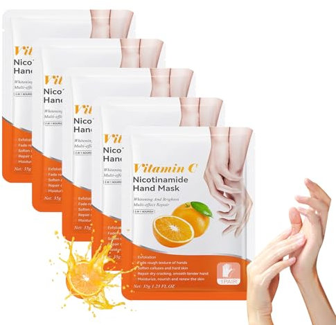 Maschera per Mani con Vitamina C, Hand Mask, Confezione da 5 Pezzi, Guanti Idratanti per la Sbiancamento Cura delle Mani, Per la Pelle Secca, Invecchiata e Screpolatae