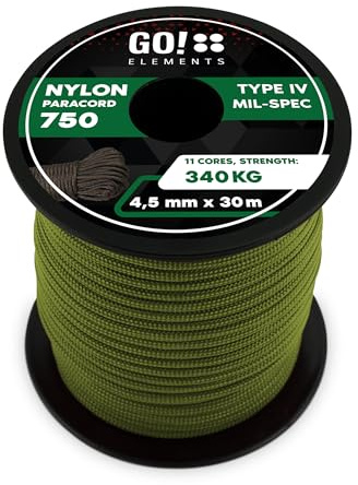 GO!elements Paracord 750 Tipo IV | Corda in nylon 100% resistente e estremamente stabile | ø 4,5 mm - 11 nuclei - Max. 340 KG | Corda multifunzionale e reepsnoer per sopravvivenza, campeggio