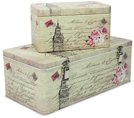 DreamsEden Tin Metal Keepsake Boxes, Vintage Decorative Storage Box with Lid for Keepsakes Memory Seed Tea Container, Set of 2