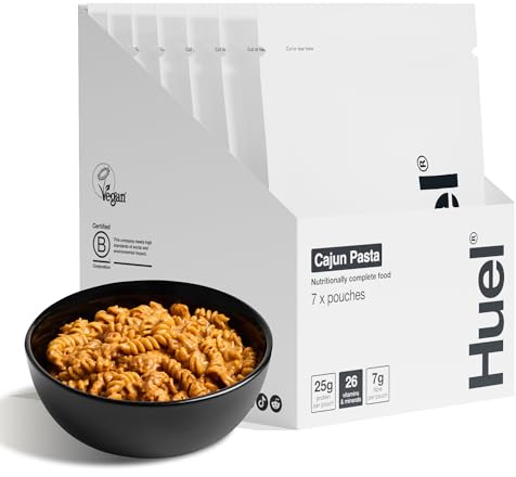 Huel Hot & Savoury Meal Packs, Cajun Pasta, 7 Meals, Plant-Based Protein Meal with 25g Protein, 26 Vitamins & Minerals, Vegan, Nutritionally Balanced, High-Protein Ready Meals