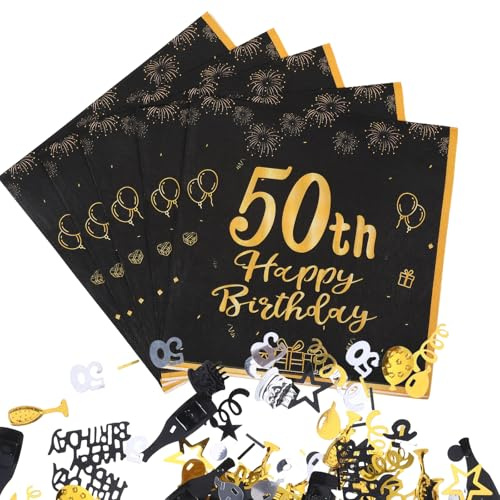 Lot de 40 serviettes 50e anniversaire 50e anniversaire 50e anniversaire pour hommes et femmes décoration 50e anniversaire homme confettis noirs et dorés Happy Birthday décorations d'anniversaire