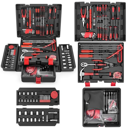 Sundpey 132-PCs Car Tool Kit - General Basic Portable Home and Automotive Repair Tool Set with Drawer for Men Women with Pickup & Hook & Fastener & Valve Stem Removal Tools for Car RV Truck Motorcycle