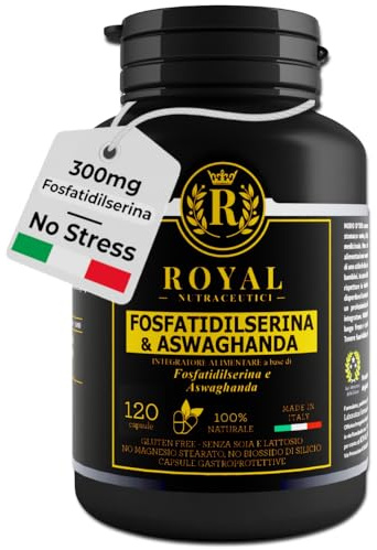 Integratore con Fosfatidilserina 300 mg e Ashwagandha 600 mg per dose – Memoria, Concentrazione, Cortisolo, Sonno e Stanchezza – 120 Capsule – Vegan – Made in Italy – ROYAL NUTRACEUTICI