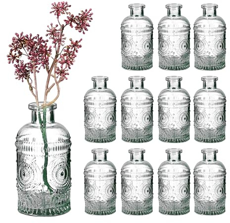 Relaxdays glasvas, set med 12, för bord, vintage design, H: 13 x 6 cm, dekorativa miniflaskor för blommor, klar