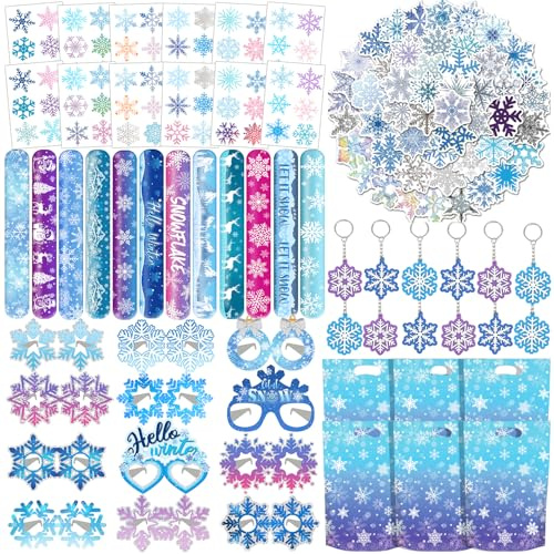 110 piezas de recuerdos de fiesta de copo de nieve, tatuajes temporales de copo de nieve, pulseras de papel para gafas, pegatinas, llaveros, bolsas de regalo, copo de nieve de invierno, suministros de