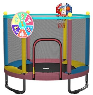 Maxbinton Trampolino per bambini da 150 cm per interni/esterni – con rete di sicurezza, canestro da basket e accessori da gioco, regalo di compleanno e Natale per ragazzi e ragazze