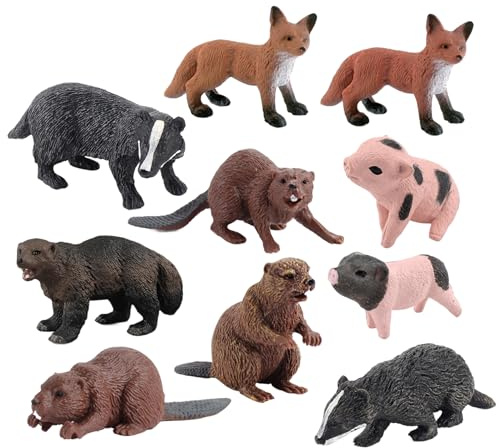 NIDONE 10-delars djurleksaker, realistiska djurfigurer, inklusive grävar, bäver, myrbjörn, mångmat, pedagogiska leksaker, födelsedagsset, djur för barn, pojkar och flickor