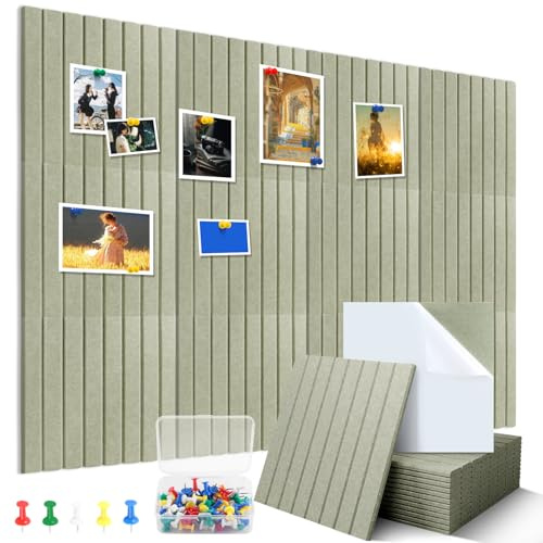 ENUTROF Tableau d'affichage Autocollant en Feutre 30x30cm 12 Panneau Mural | Decoratif Feutrine avec 60 Punaises pour École Maison Cuisine Bureau (Rayure Verticale Verte)